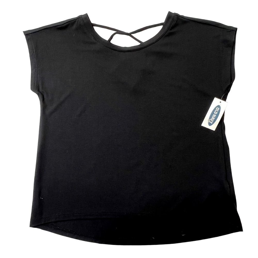 Old Navy Luxe Top Short Sleeve Lattice Back Black Jack Girl’s XS